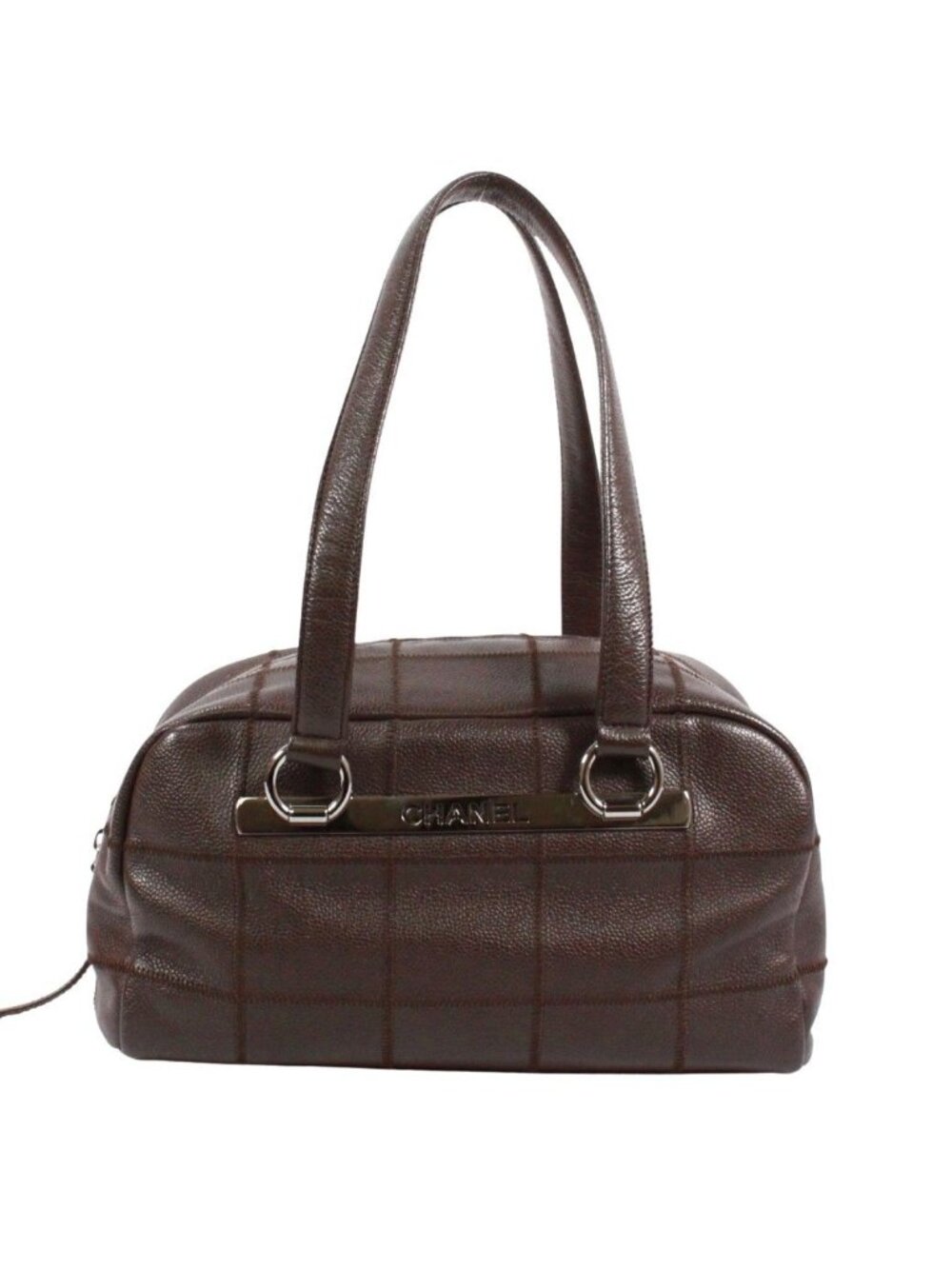 Chanel Choco Bar Mini Caviar Leather Dark Brown Boston Bag Silver